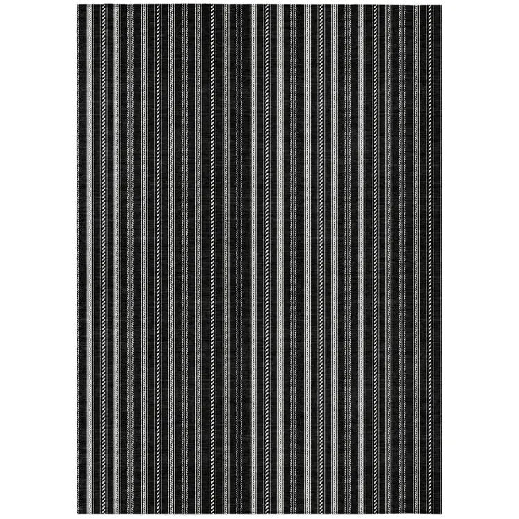 8' X 10' Black And Ivory Striped Washable Indoor Outdoor Area Rug