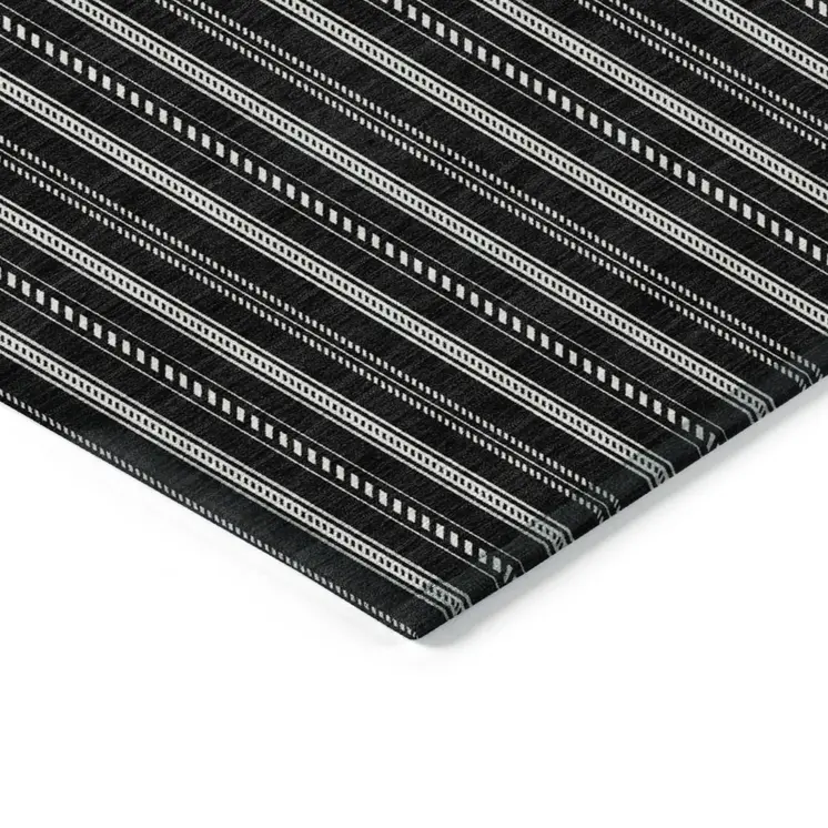 8' X 10' Black And Ivory Striped Washable Indoor Outdoor Area Rug