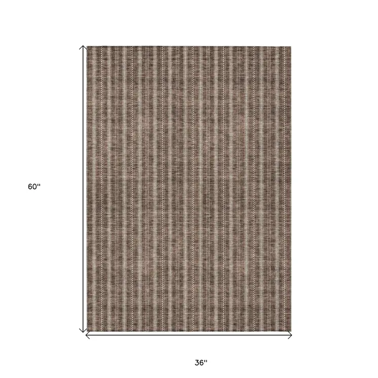 3' X 5' Brown And Ivory Striped Washable Indoor Outdoor Area Rug