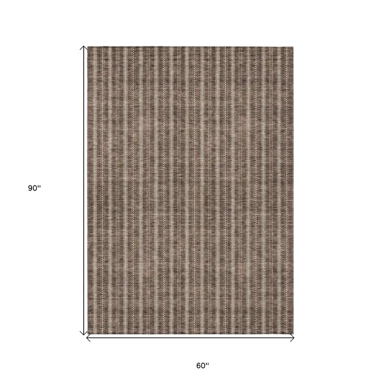5' X 8' Brown And Ivory Striped Washable Indoor Outdoor Area Rug