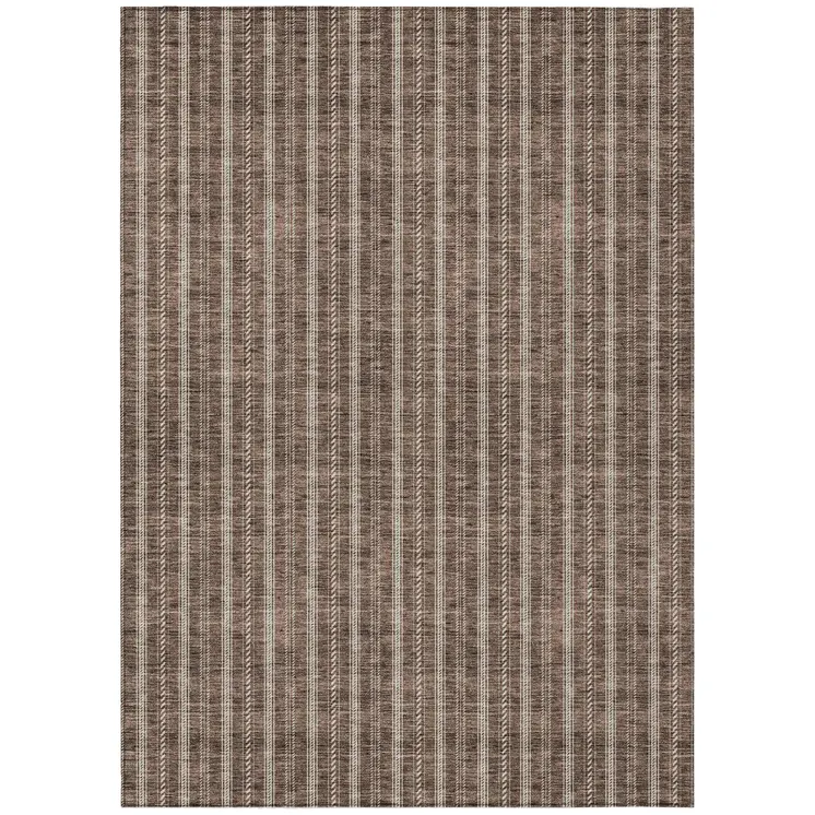 5' X 8' Brown And Ivory Striped Washable Indoor Outdoor Area Rug