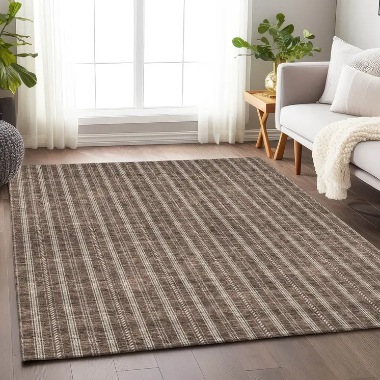 5' X 8' Brown And Ivory Striped Washable Indoor Outdoor Area Rug