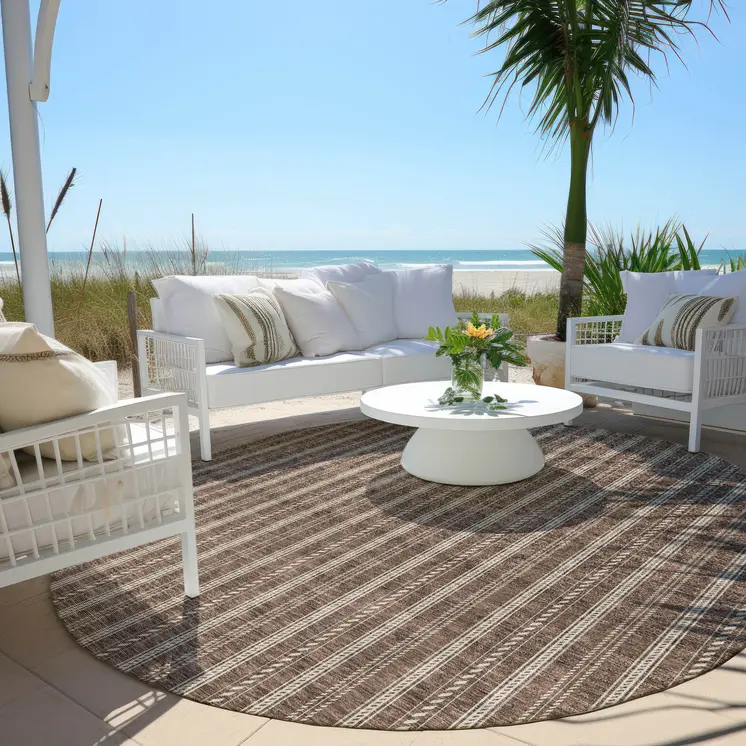 8' Brown And Ivory Round Striped Washable Indoor Outdoor Area Rug