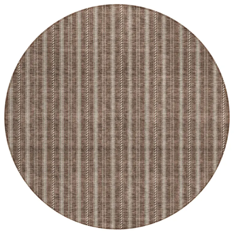 8' Brown And Ivory Round Striped Washable Indoor Outdoor Area Rug