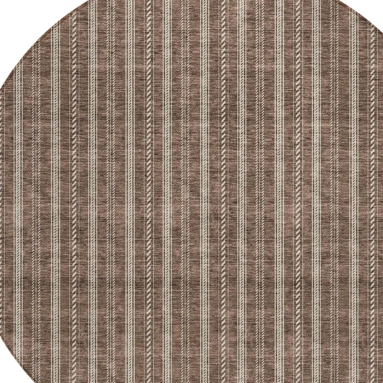 8' Brown And Ivory Round Striped Washable Indoor Outdoor Area Rug