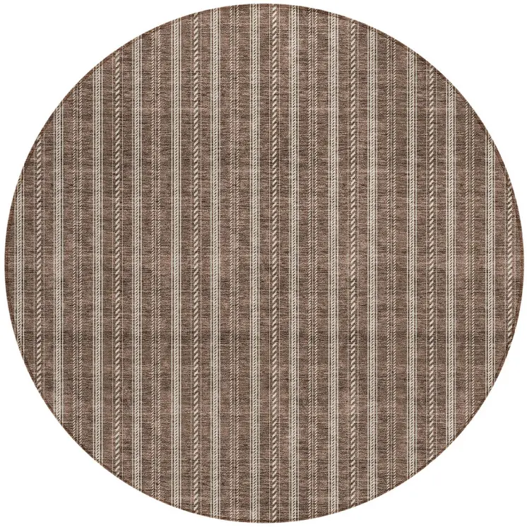 8' Brown And Ivory Round Striped Washable Indoor Outdoor Area Rug