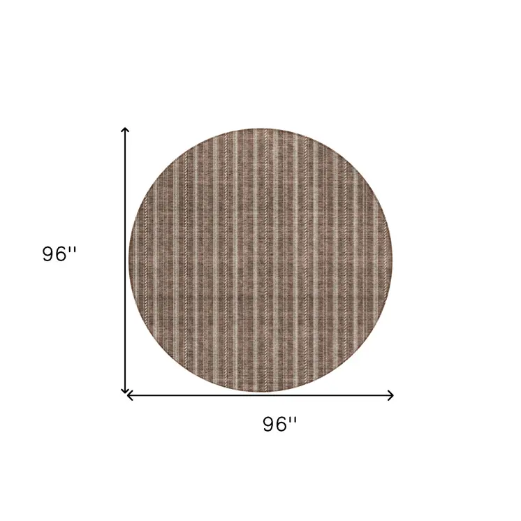 8' Brown And Ivory Round Striped Washable Indoor Outdoor Area Rug