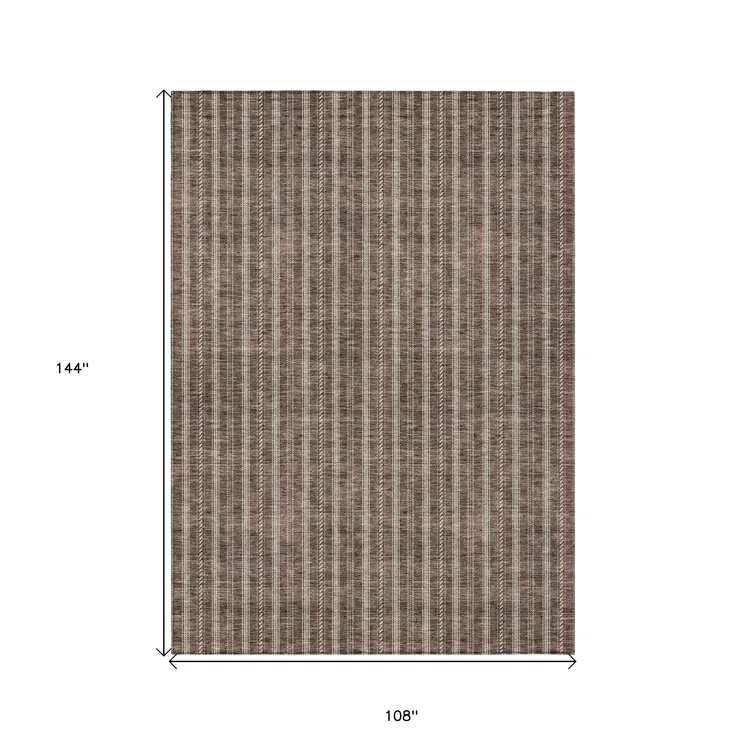9' X 12' Brown And Ivory Striped Washable Indoor Outdoor Area Rug