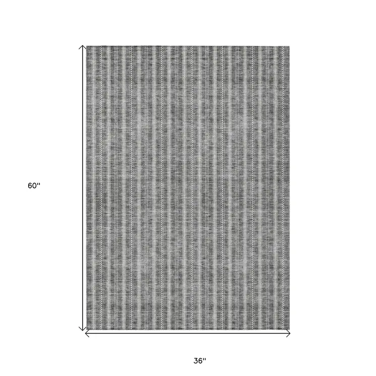 3' X 5' Gray And Ivory Striped Washable Indoor Outdoor Area Rug