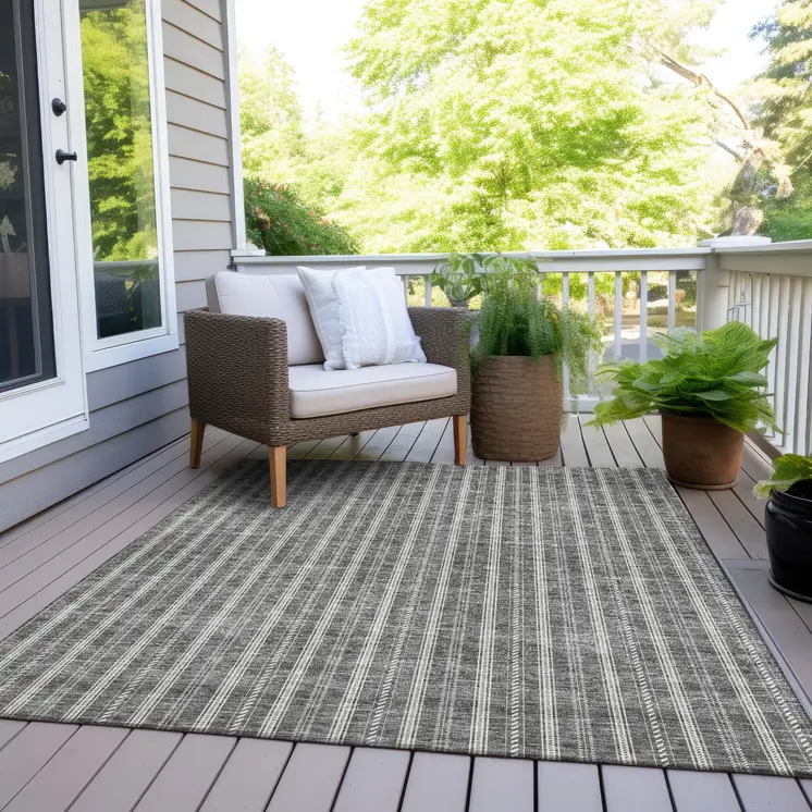 5' X 8' Gray And Ivory Striped Washable Indoor Outdoor Area Rug