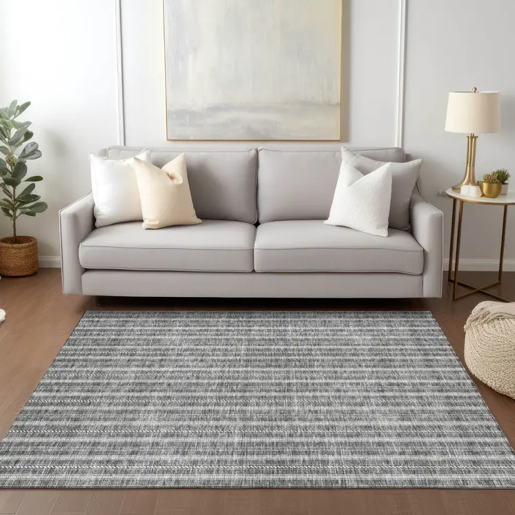 5' X 8' Gray And Ivory Striped Washable Indoor Outdoor Area Rug