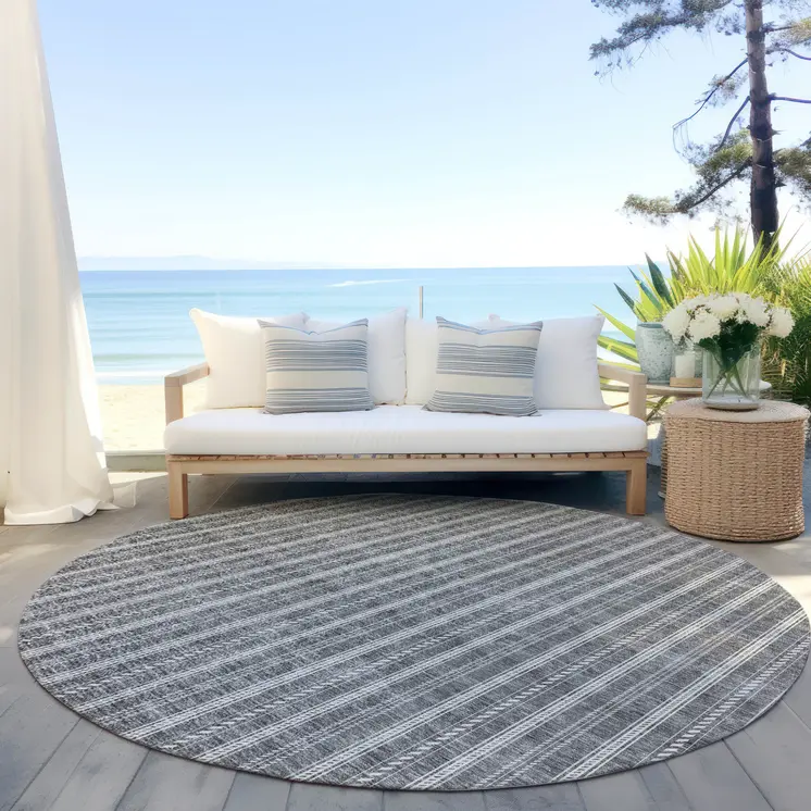 8' Gray And Ivory Round Striped Washable Indoor Outdoor Area Rug