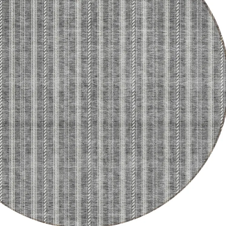 8' Gray And Ivory Round Striped Washable Indoor Outdoor Area Rug
