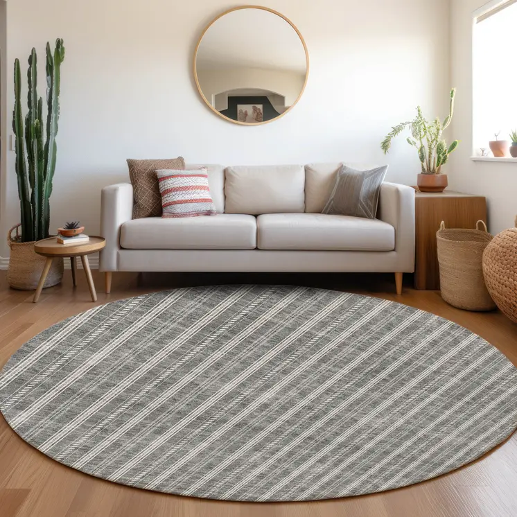 8' Gray And Ivory Round Striped Washable Indoor Outdoor Area Rug