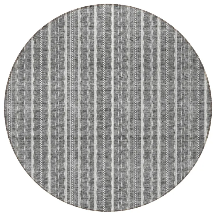 8' Gray And Ivory Round Striped Washable Indoor Outdoor Area Rug