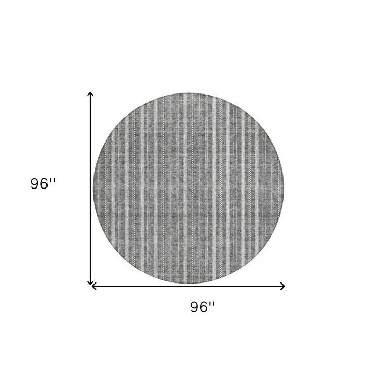 8' Gray And Ivory Round Striped Washable Indoor Outdoor Area Rug