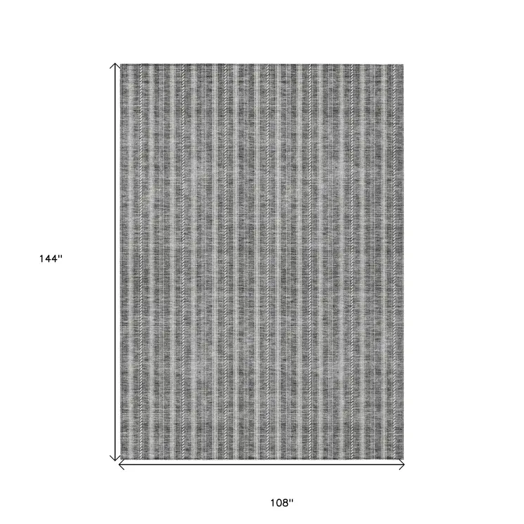 9' X 12' Gray And Ivory Striped Washable Indoor Outdoor Area Rug