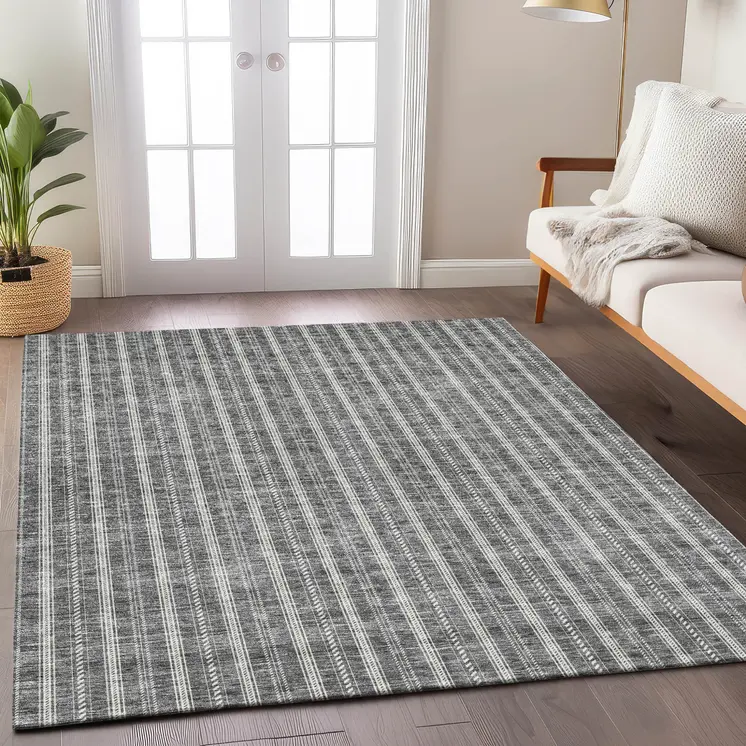 9' X 12' Gray And Ivory Striped Washable Indoor Outdoor Area Rug