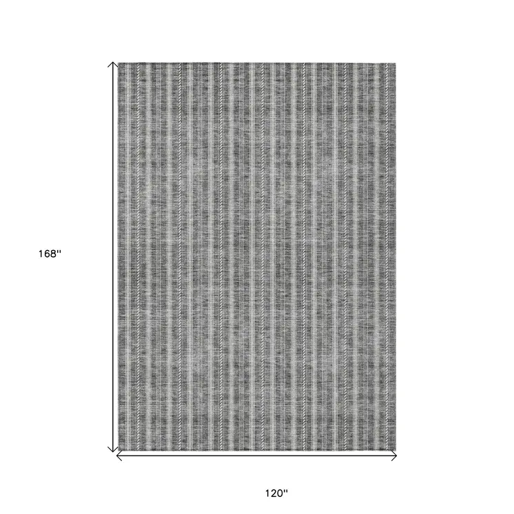 10' X 14' Gray And Ivory Striped Washable Indoor Outdoor Area Rug