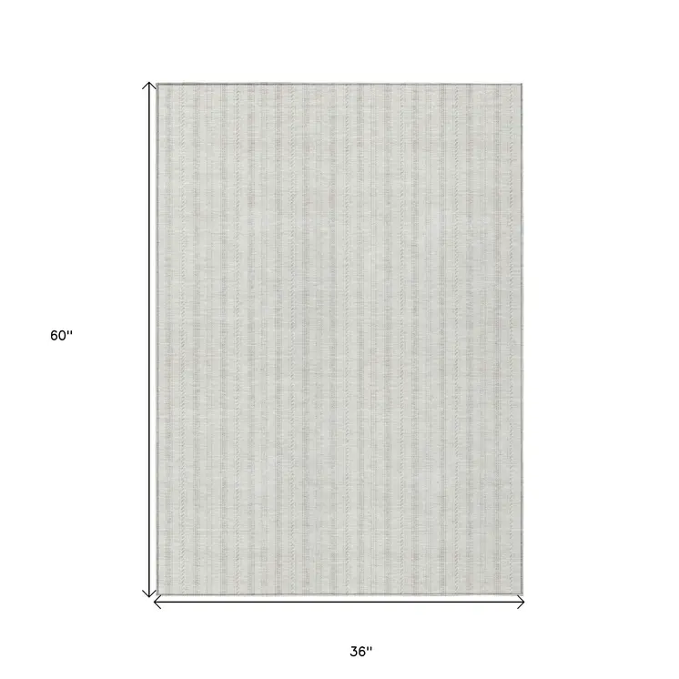 3' X 5' Ivory And Beige Striped Washable Indoor Outdoor Area Rug