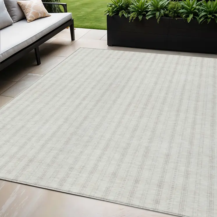 5' X 8' Ivory And Beige Striped Washable Indoor Outdoor Area Rug