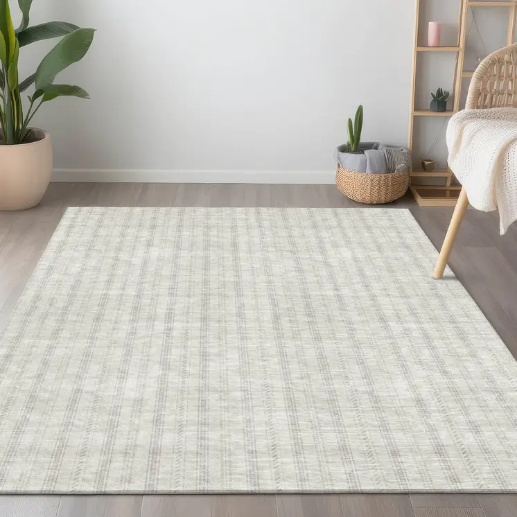 5' X 8' Ivory And Beige Striped Washable Indoor Outdoor Area Rug