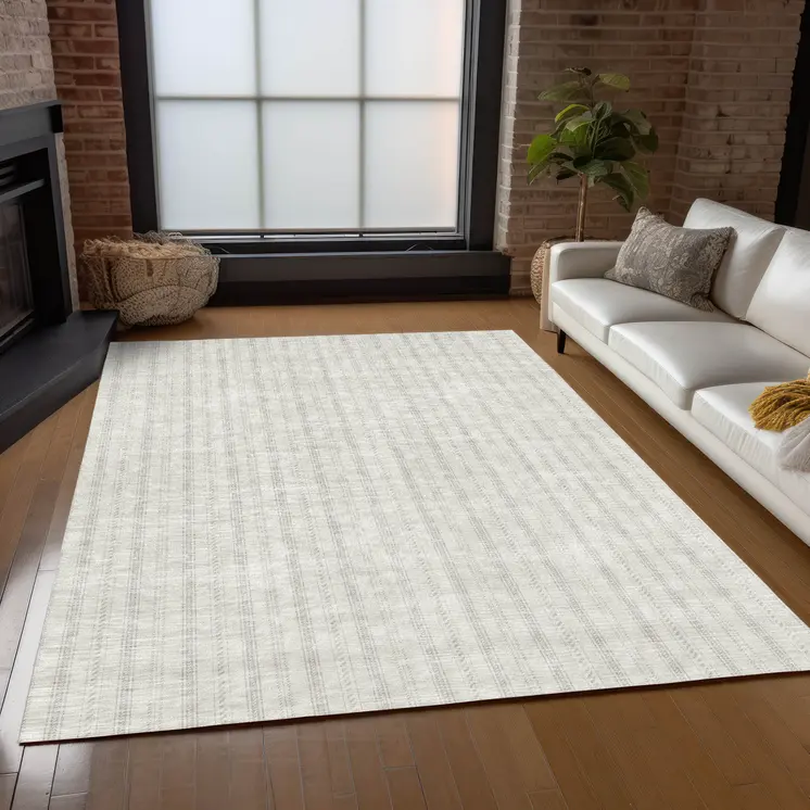 5' X 8' Ivory And Beige Striped Washable Indoor Outdoor Area Rug