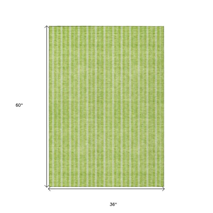 3' X 5' Lime Green And Ivory Striped Washable Indoor Outdoor Area Rug