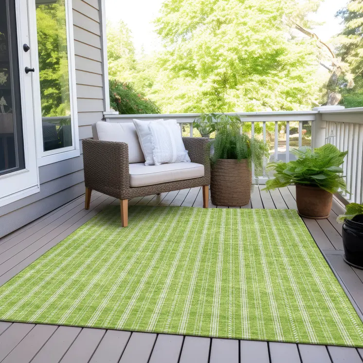5' X 8' Lime Green And Ivory Striped Washable Indoor Outdoor Area Rug