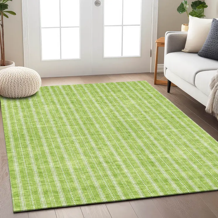 5' X 8' Lime Green And Ivory Striped Washable Indoor Outdoor Area Rug