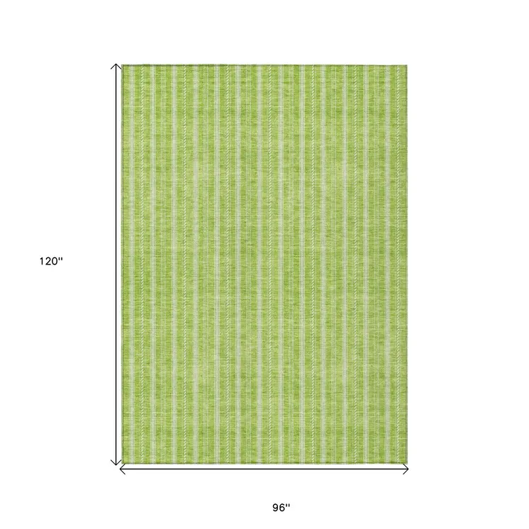 8' X 10' Lime Green And Ivory Striped Washable Indoor Outdoor Area Rug
