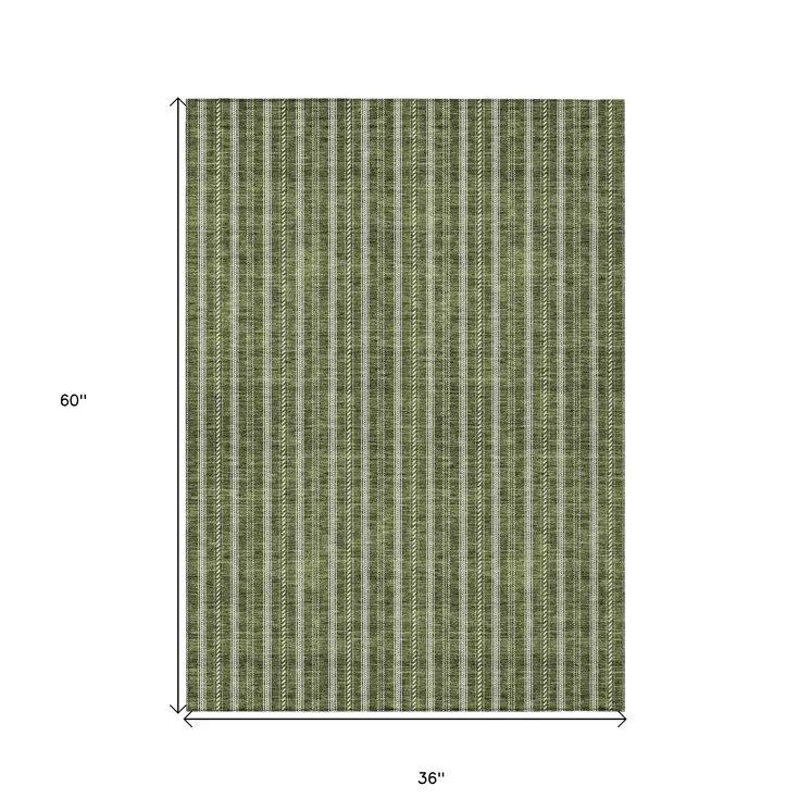 3' X 5' Olive Green And Ivory Striped Washable Indoor Outdoor Area Rug