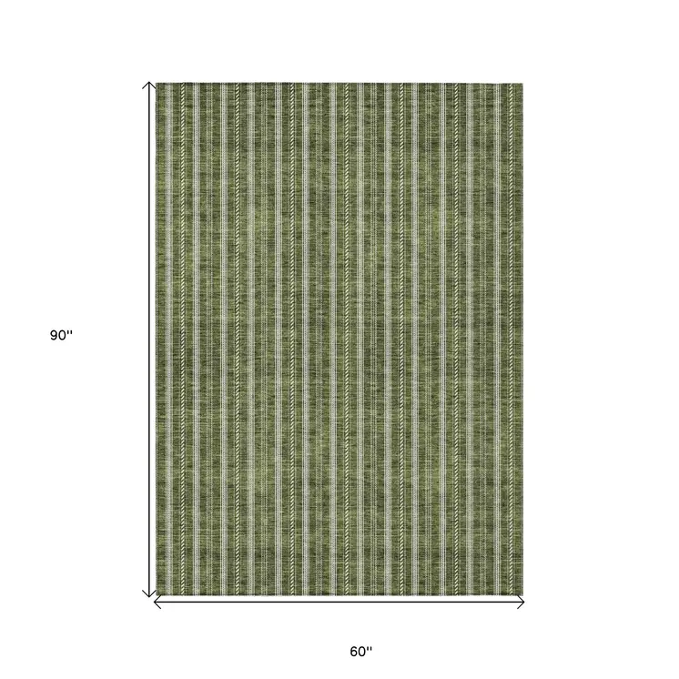 5' X 8' Olive Green And Ivory Striped Washable Indoor Outdoor Area Rug