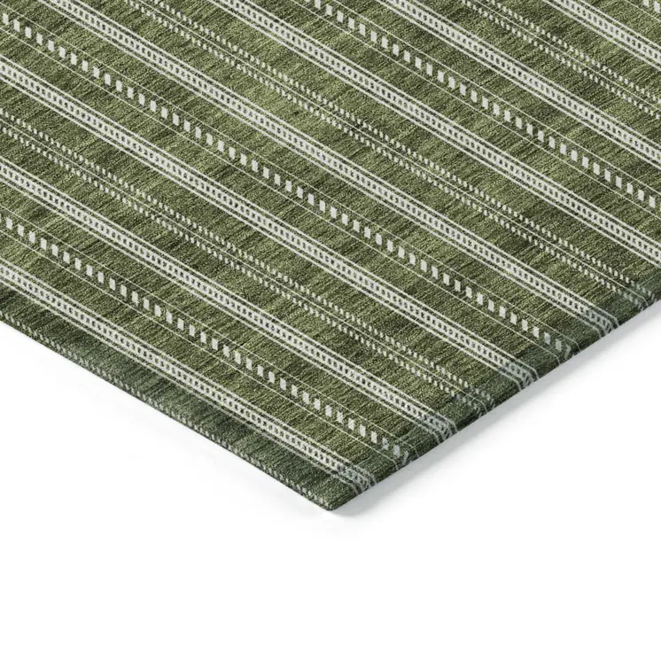 5' X 8' Olive Green And Ivory Striped Washable Indoor Outdoor Area Rug