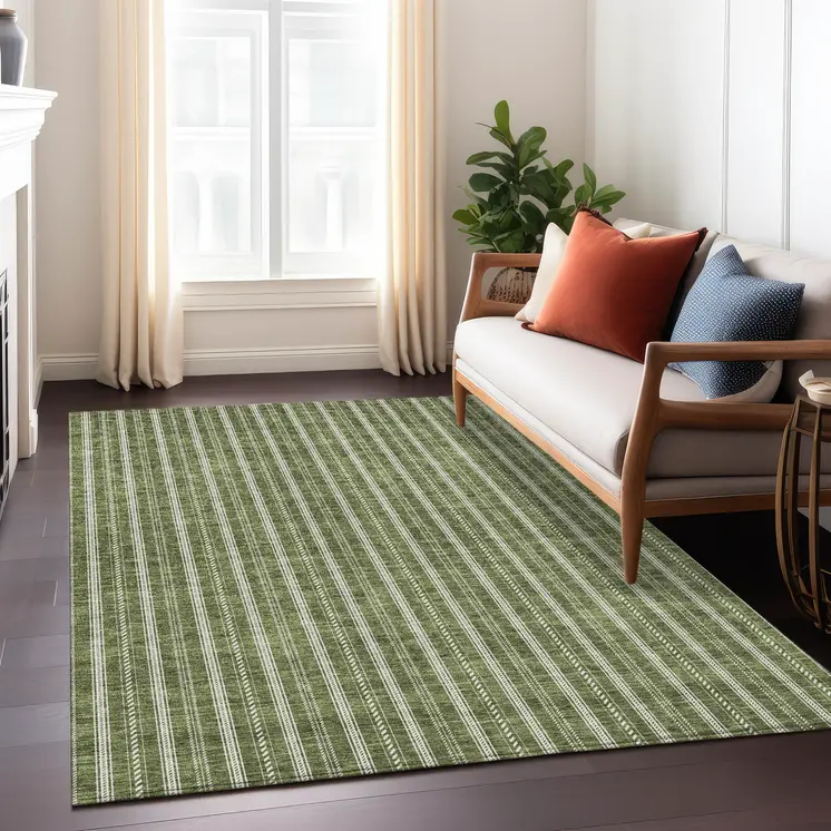 5' X 8' Olive Green And Ivory Striped Washable Indoor Outdoor Area Rug