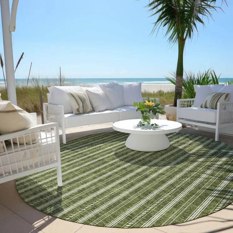 8' Olive Green And Ivory Round Striped Washable Indoor Outdoor Area Rug
