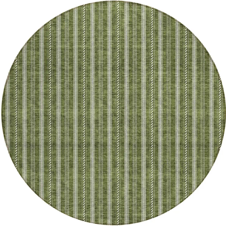 8' Olive Green And Ivory Round Striped Washable Indoor Outdoor Area Rug