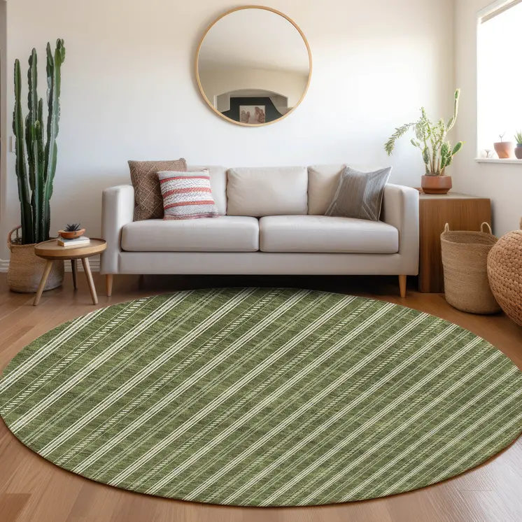 8' Olive Green And Ivory Round Striped Washable Indoor Outdoor Area Rug