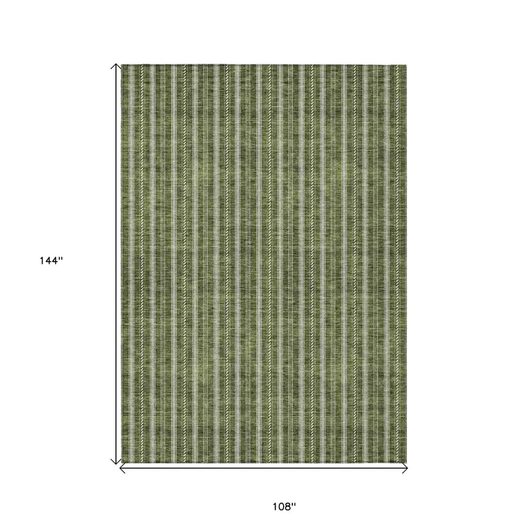 9' X 12' Olive Green And Ivory Striped Washable Indoor Outdoor Area Rug
