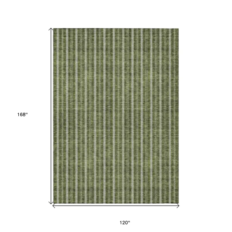 10' X 14' Olive Green And Ivory Striped Washable Indoor Outdoor Area Rug
