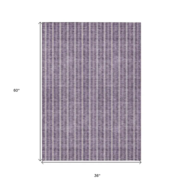 3' X 5' Purple And Ivory Striped Washable Indoor Outdoor Area Rug