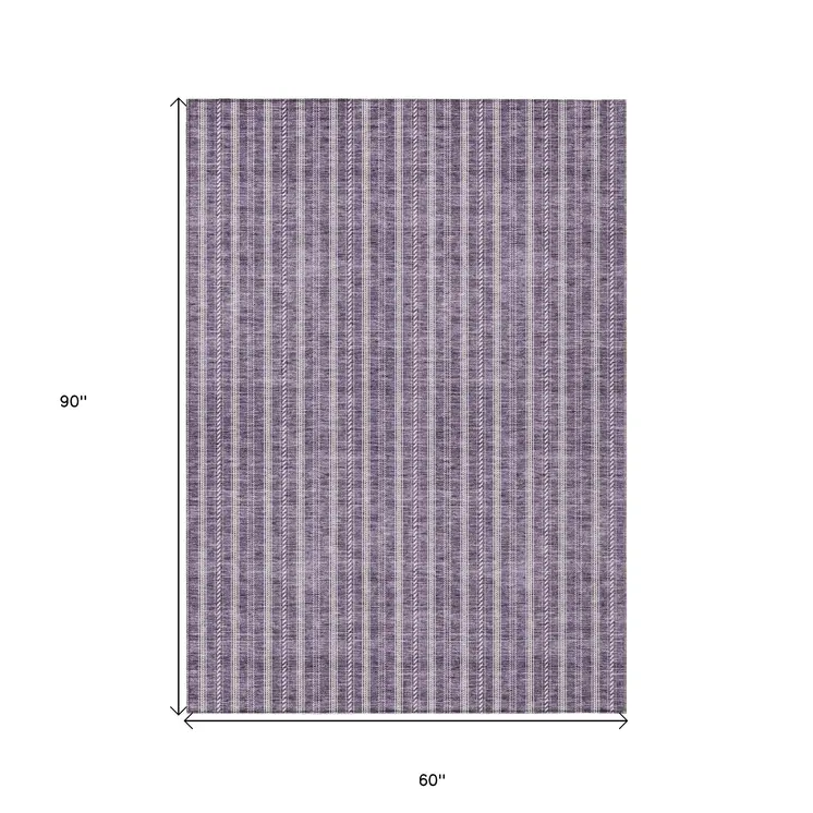 5' X 8' Purple And Ivory Striped Washable Indoor Outdoor Area Rug