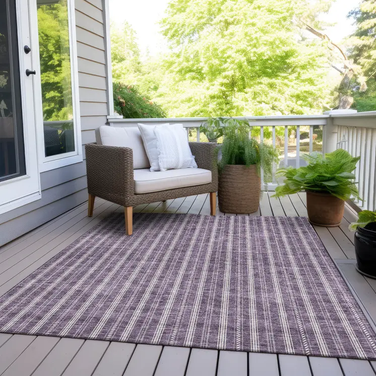 5' X 8' Purple And Ivory Striped Washable Indoor Outdoor Area Rug