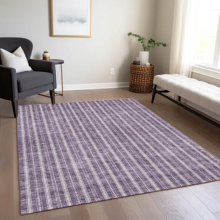 5' X 8' Purple And Ivory Striped Washable Indoor Outdoor Area Rug
