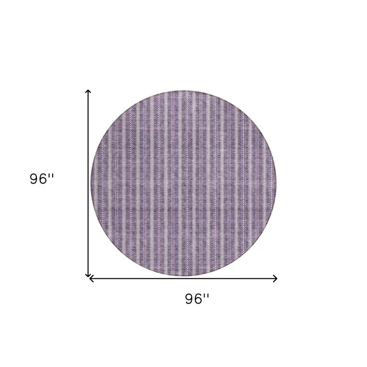 8' Purple And Ivory Round Striped Washable Indoor Outdoor Area Rug