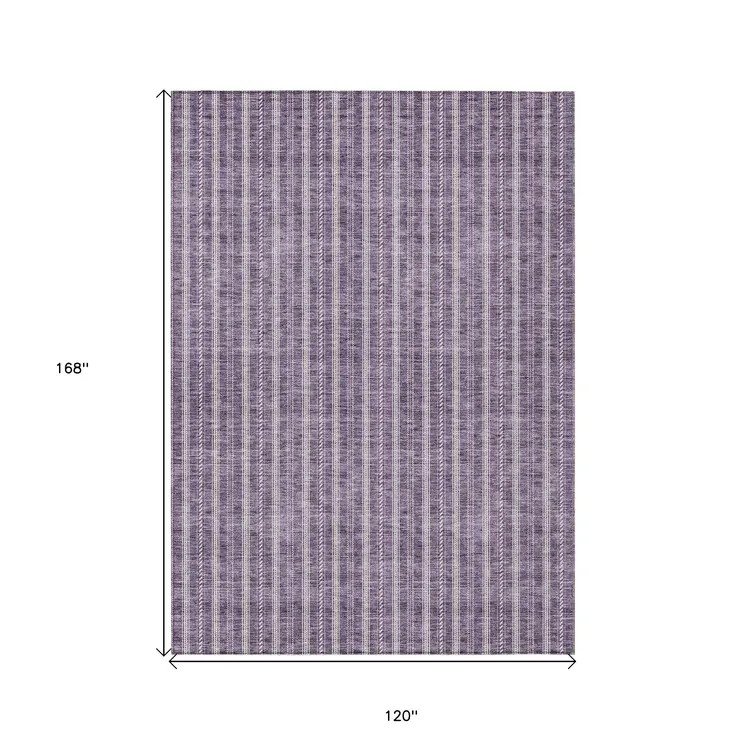 10' X 14' Purple And Ivory Striped Washable Indoor Outdoor Area Rug