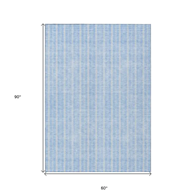 5' X 8' Sky Blue And Ivory Striped Washable Indoor Outdoor Area Rug
