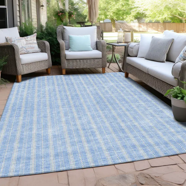 5' X 8' Sky Blue And Ivory Striped Washable Indoor Outdoor Area Rug