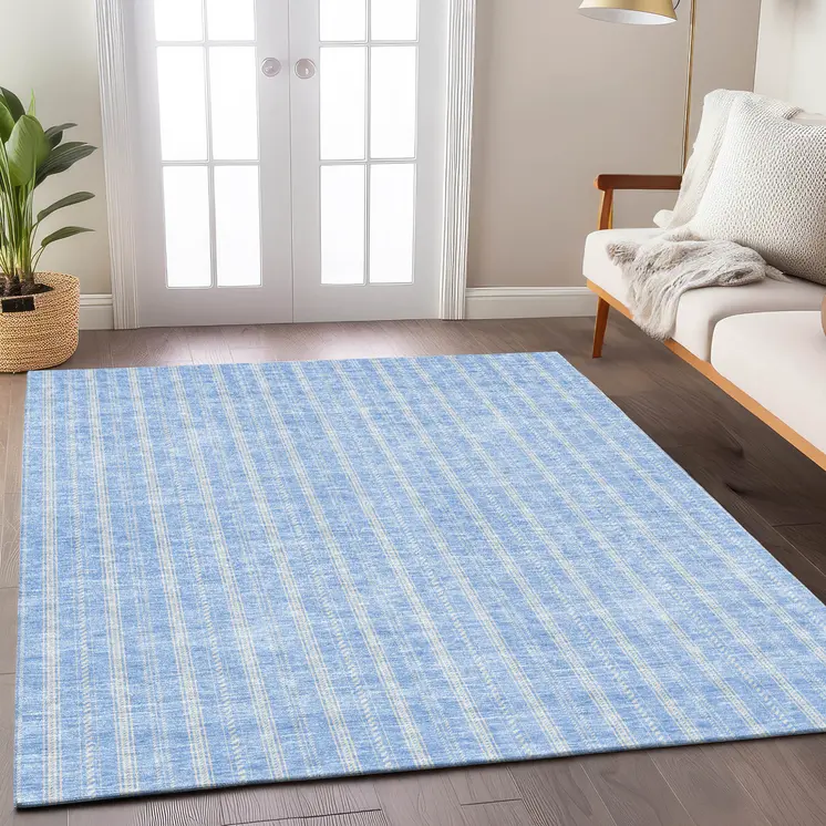 5' X 8' Sky Blue And Ivory Striped Washable Indoor Outdoor Area Rug