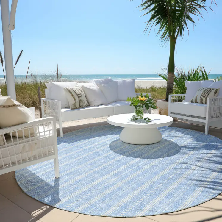8' Sky Blue And Ivory Round Striped Washable Indoor Outdoor Area Rug